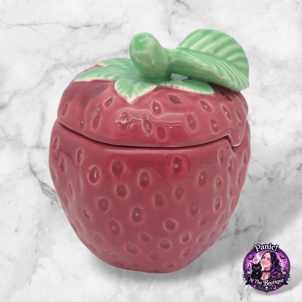 Strawberry Jam Jar W/ Lid Ceramic Red Berry Decor Cottagecore Whimsical Kitchen
